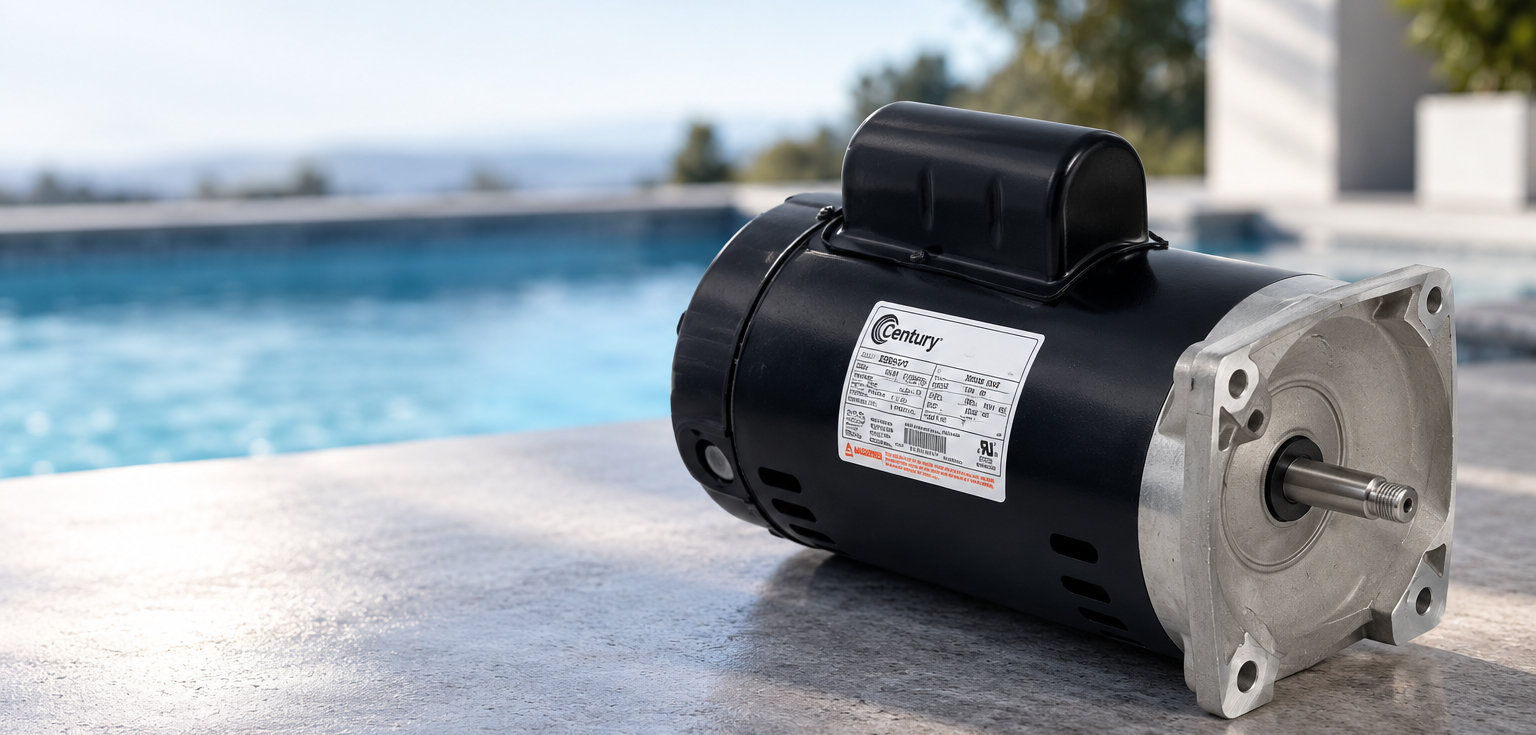 Century pool pump motor placed beside a swimming pool in a modern outdoor setting.