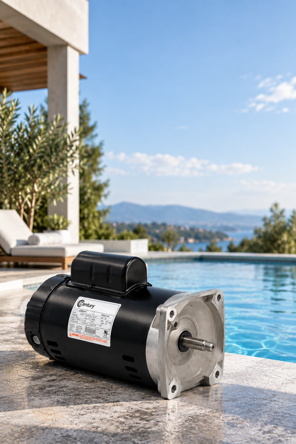 Century pool pump motor positioned on a stone pool deck with a modern home, swimming pool, and mountain landscape in the background.